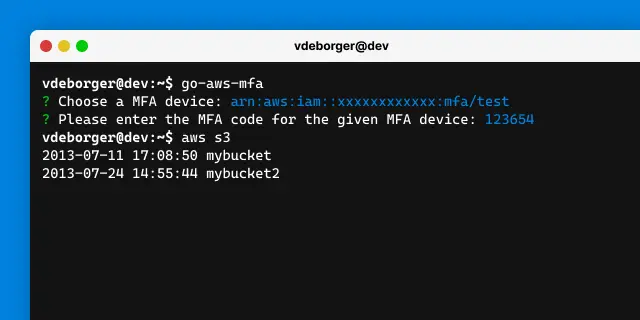 Image showing go-aws-mfa (CLI tool), which is a personal project